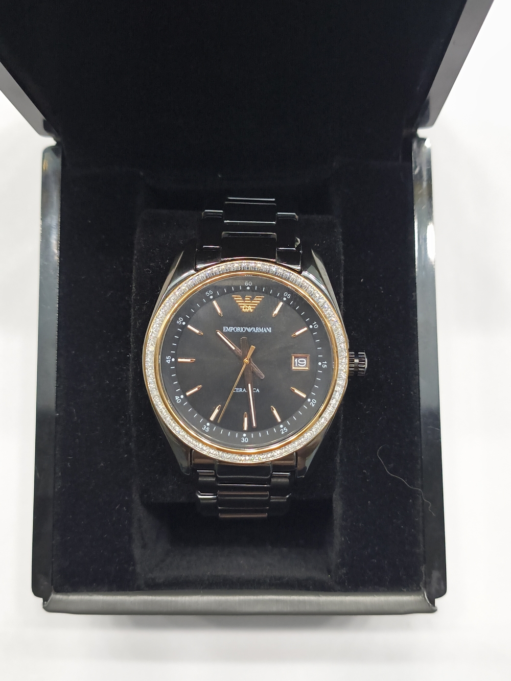 Emporio Armani Ceramica Black and Rose Gold Crystal Accent  - Like New AR-1496